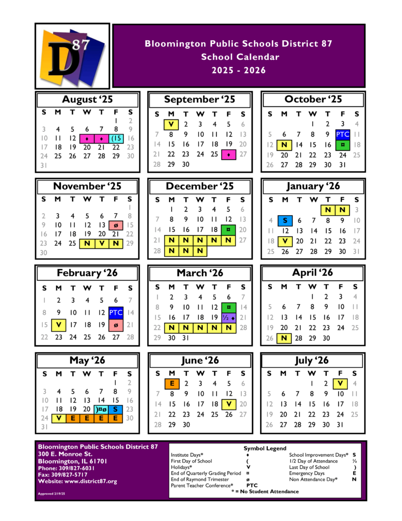 District 87 25 26 Calendar Washington Elementary School