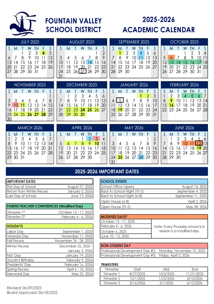 District Academic Calendars Educational Services Fountain Valley School District