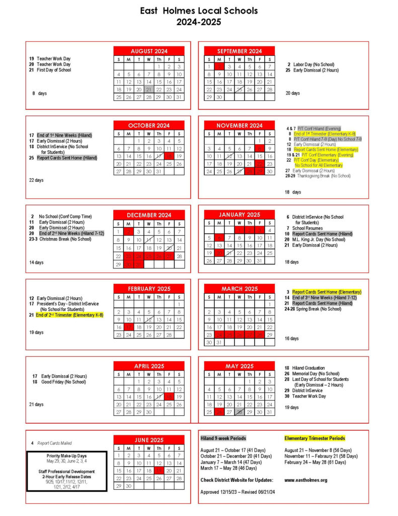 District Calendar 2024 2025 Hiland High And Middle School