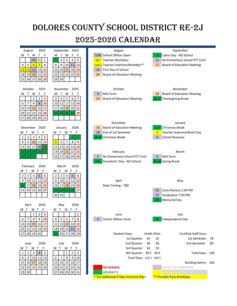 District Calendar Dolores County School District RE 2J