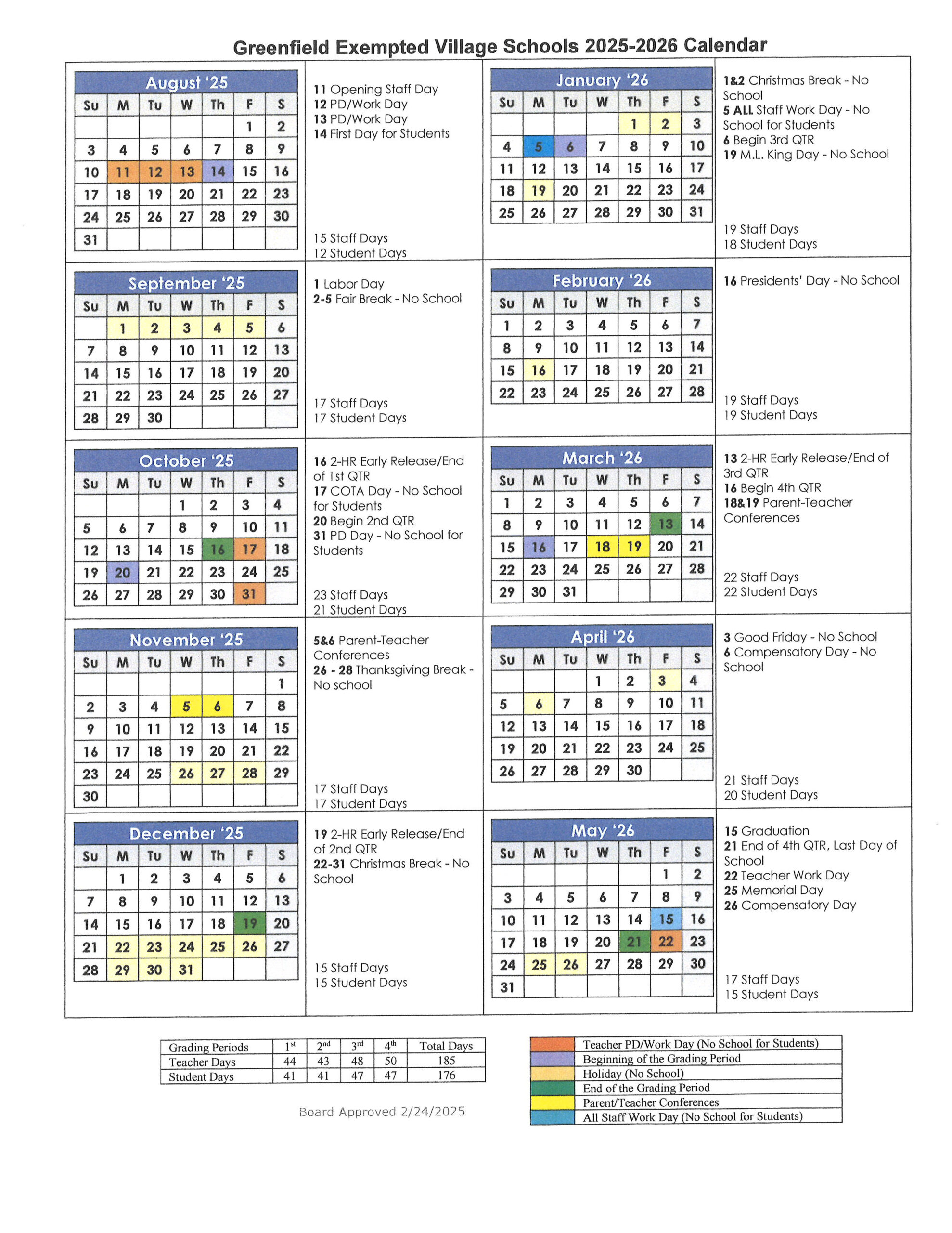District Calendar Greenfield Exempted Village School District
