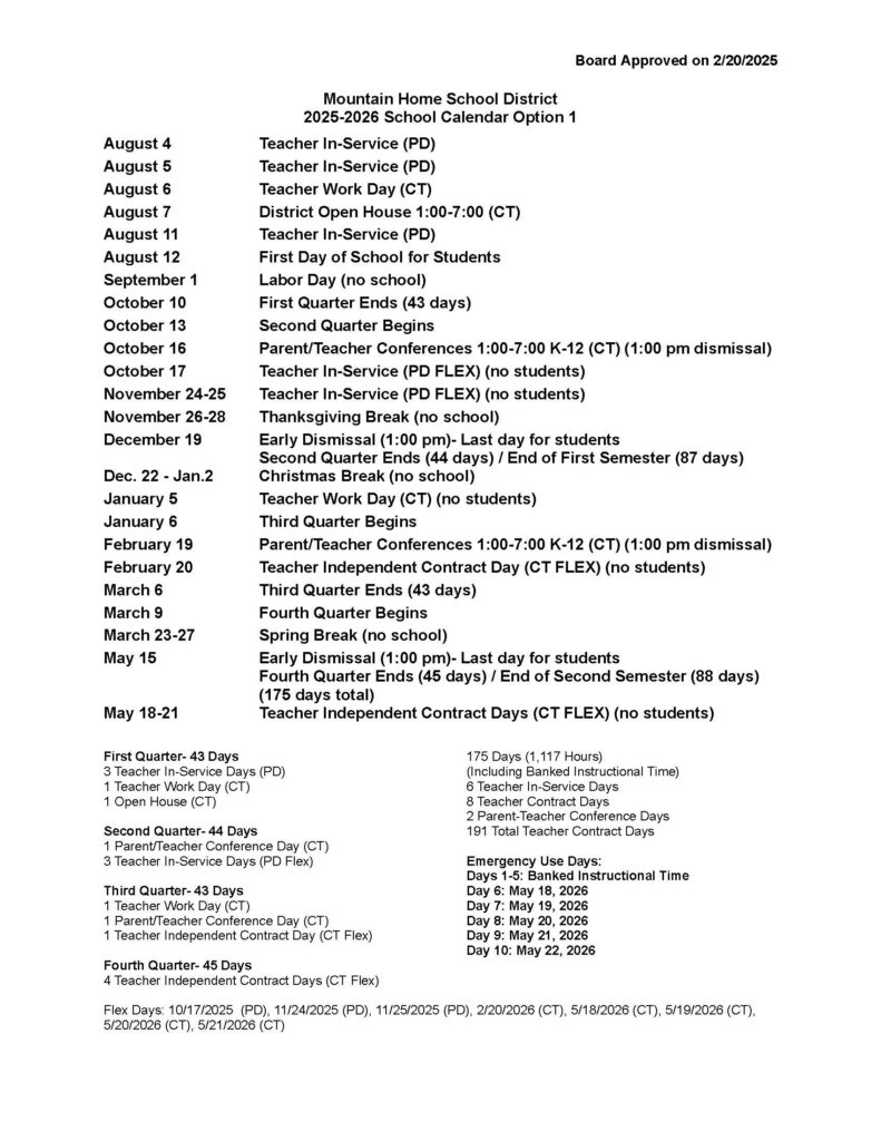 District Calendar Mountain Home Public Schools