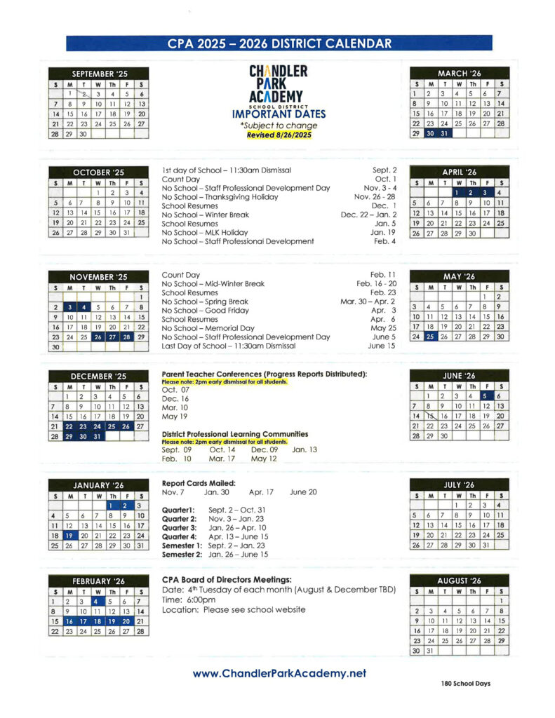 District Calendars Chandler Park Academy District