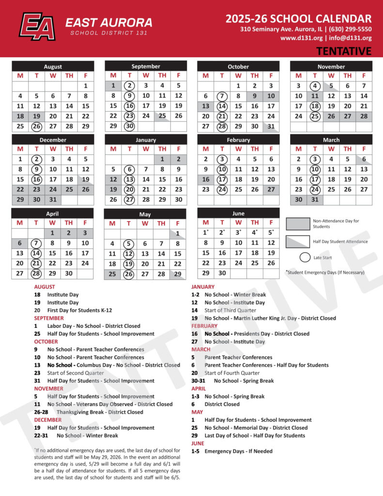East Aurora School District D131 Calendar 25 26 Revised EduCounty