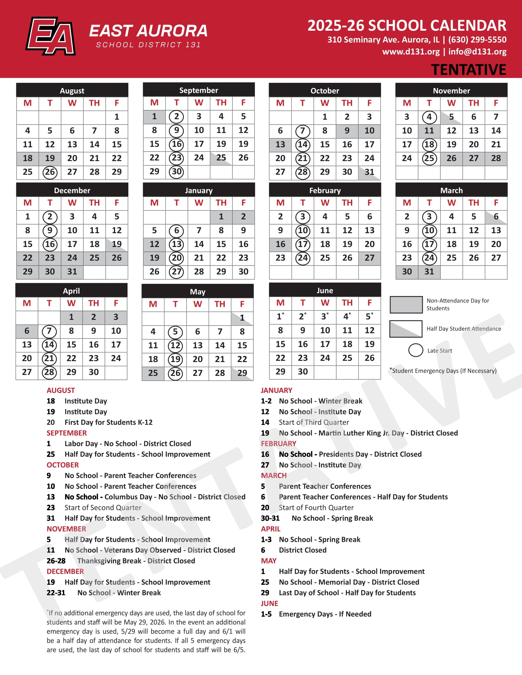 East Aurora School District D131 Calendar 25 26 Revised EduCounty