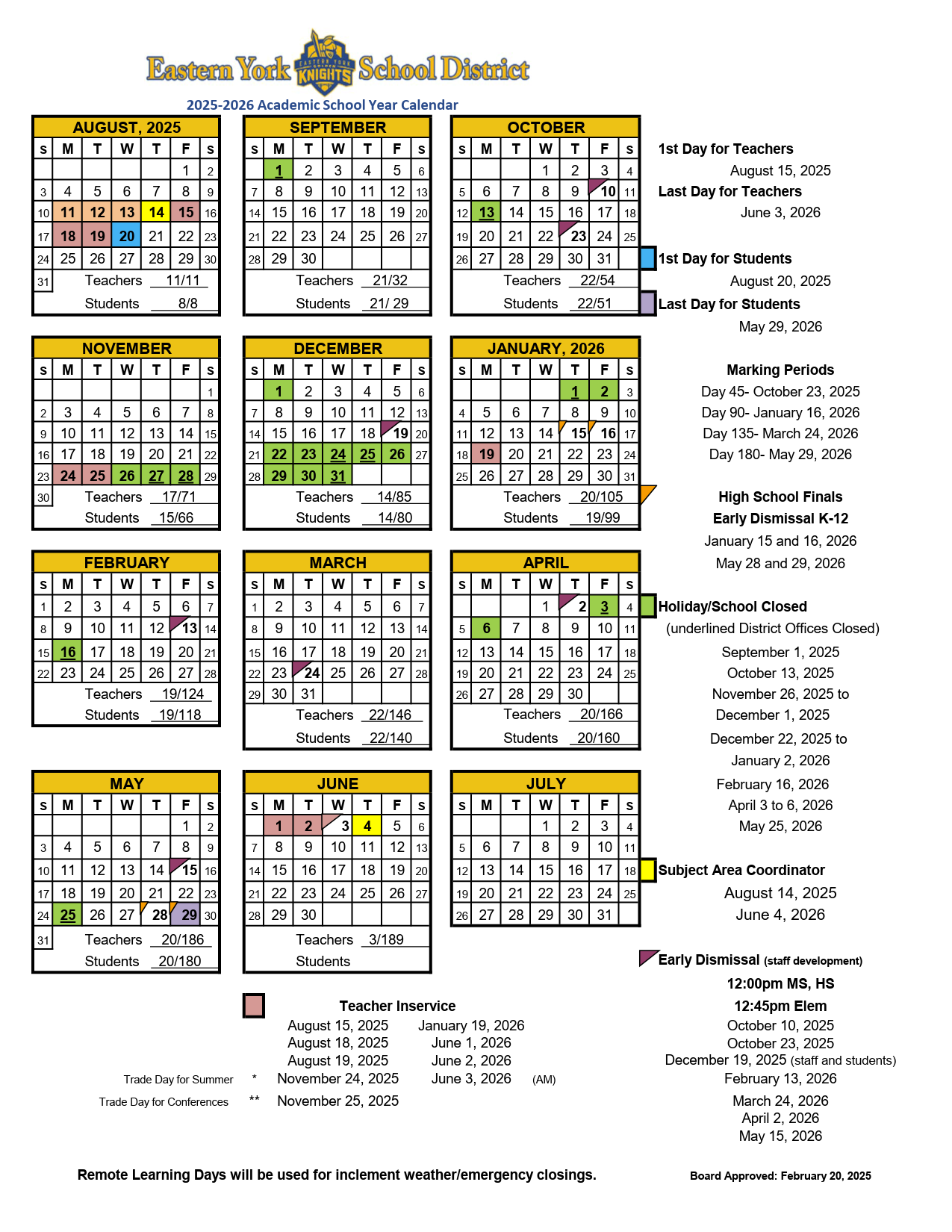 Eastern York School District Calendar 25 26 PDF Revised EduCounty