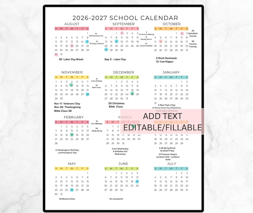 Editable School Year Calendar 2026 2027 School Calendar Printable 2026 2027 Academic Year At a glance Calendar Digital Download Preschool Etsy