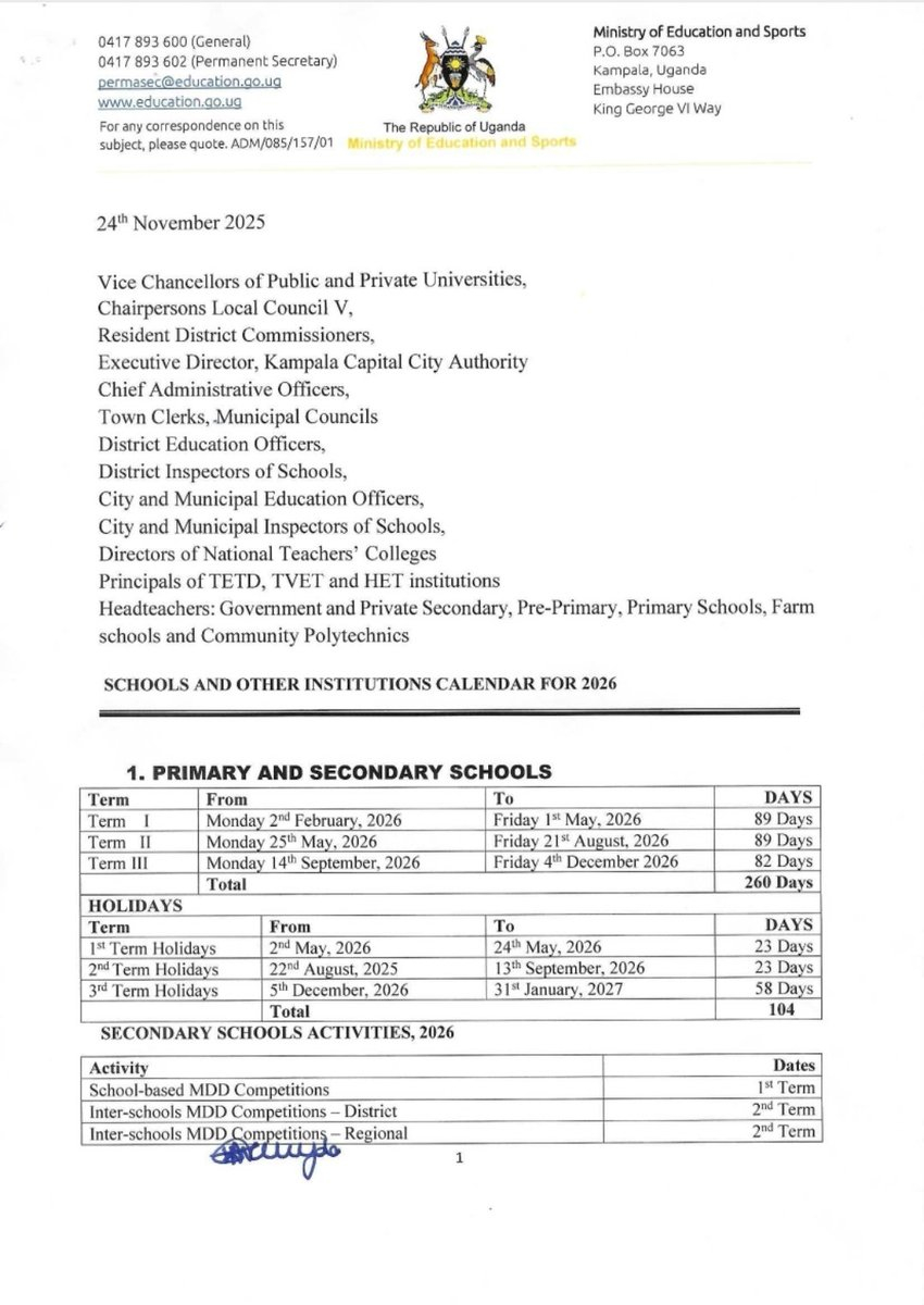 EducUg Term One Is Set To Commence On The 2nd Of February 2026 Throughout All The Three Terms learners Will Complete A Total Of 260 Instructional Days For More Details