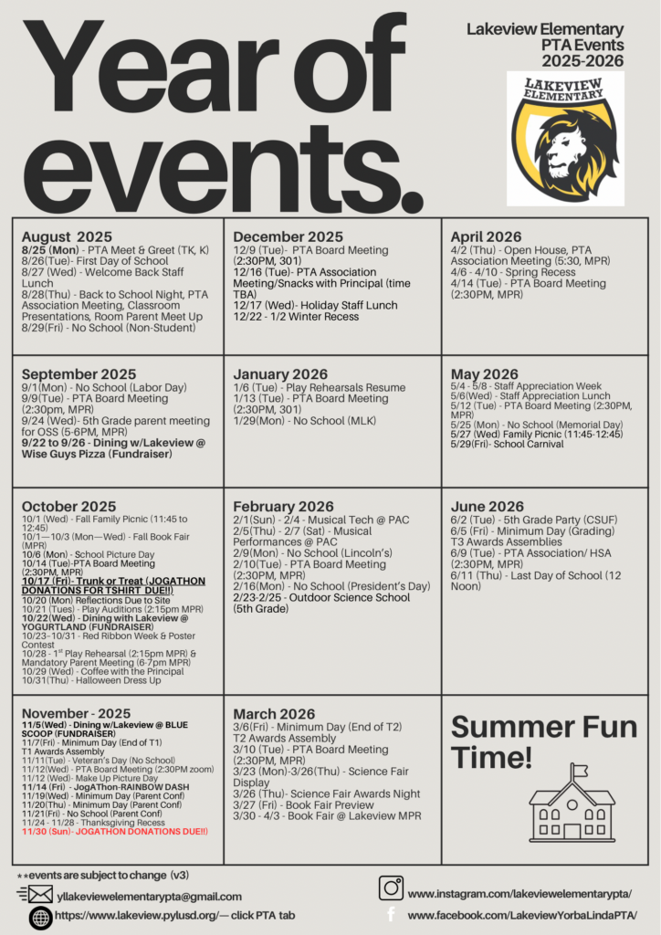 Events PTA Lakeview Elementary School Events PTA Lakeview Elementary School