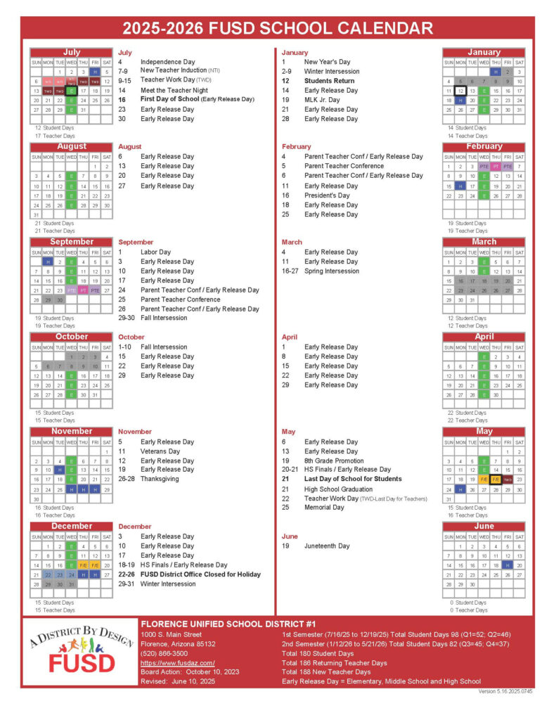 Florence Unified School District Approved Calendars Current Upcoming 