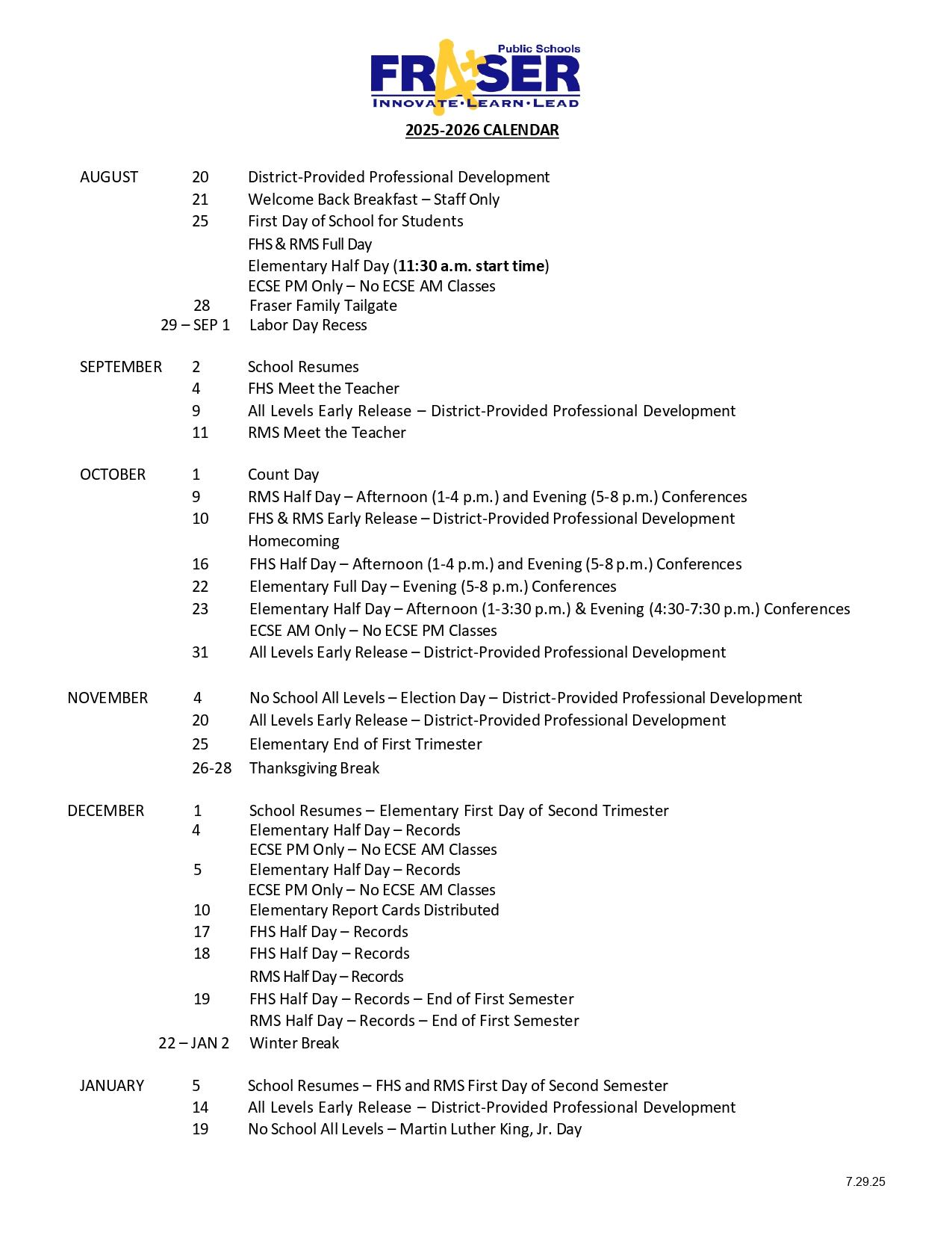 Fraser Public Schools MI Calendar 25 26 Revised pdf EduCounty
