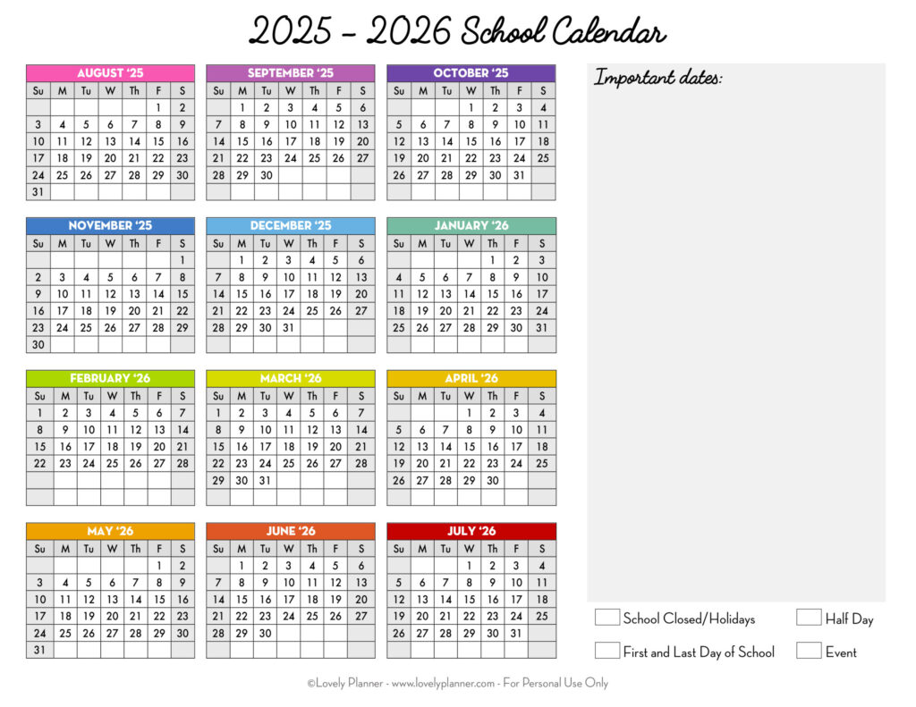 Free Printable 2025 2026 School Calendar One Page Academic Calendar Lovely Planner
