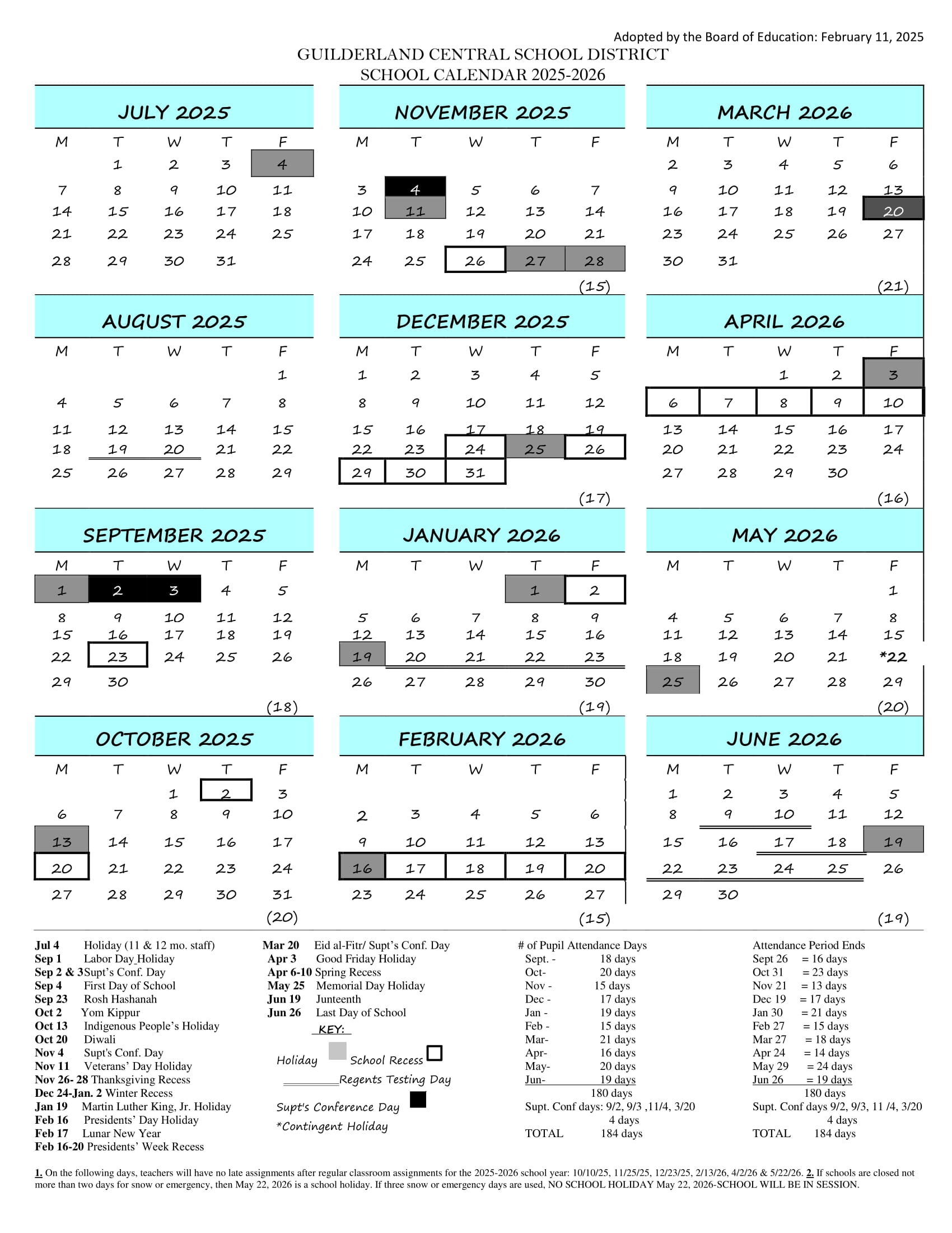 Guilderland CSD 25 26 Calendar Revised EduCounty