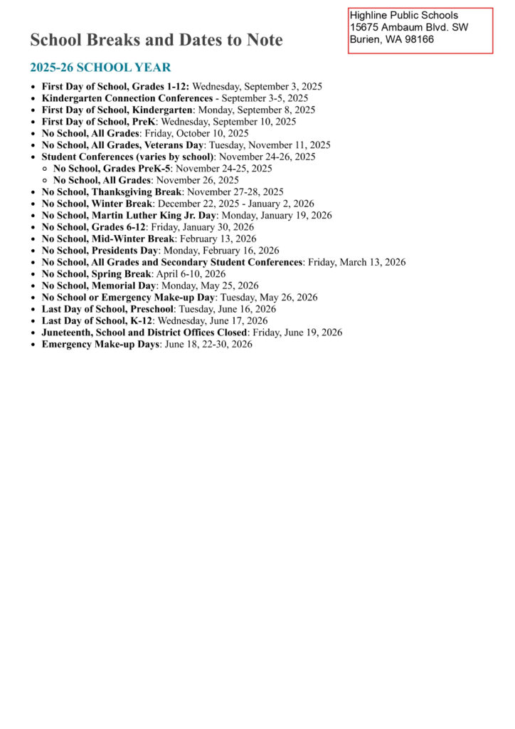 Highline Public Schools WA Calendar 25 26 Revised PDF EduCounty