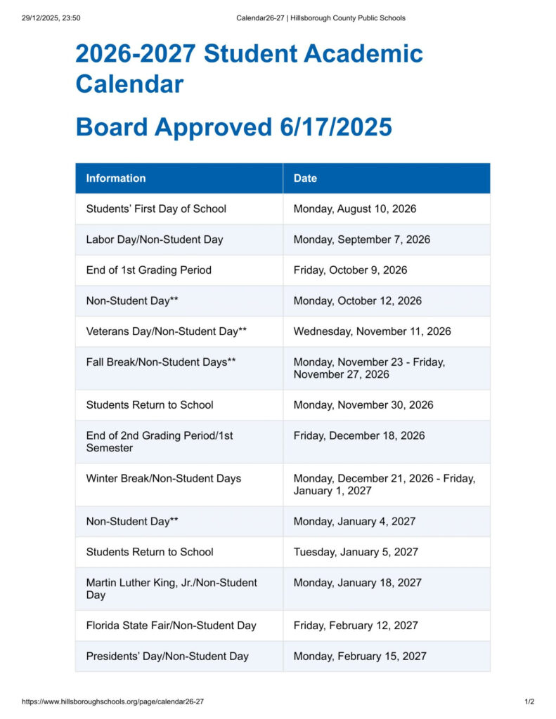 Hillsborough County Public Schools Calendar 26 27 Revised PDF EduCounty Hillsborough County Public Schools Calendar 26 27 Revised PDF EduCounty