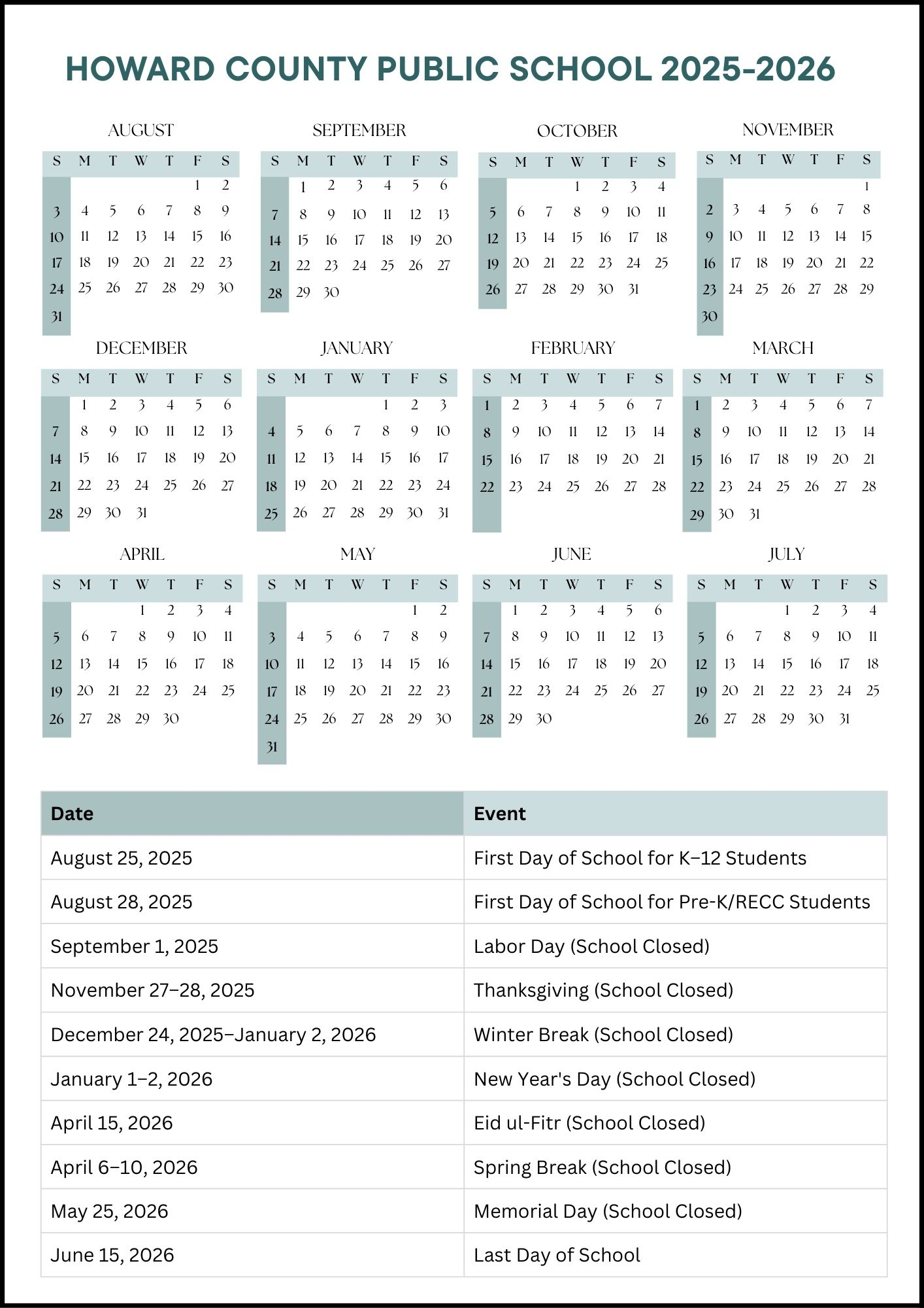 Howard County Public School Calendar 2025 2026 Dates