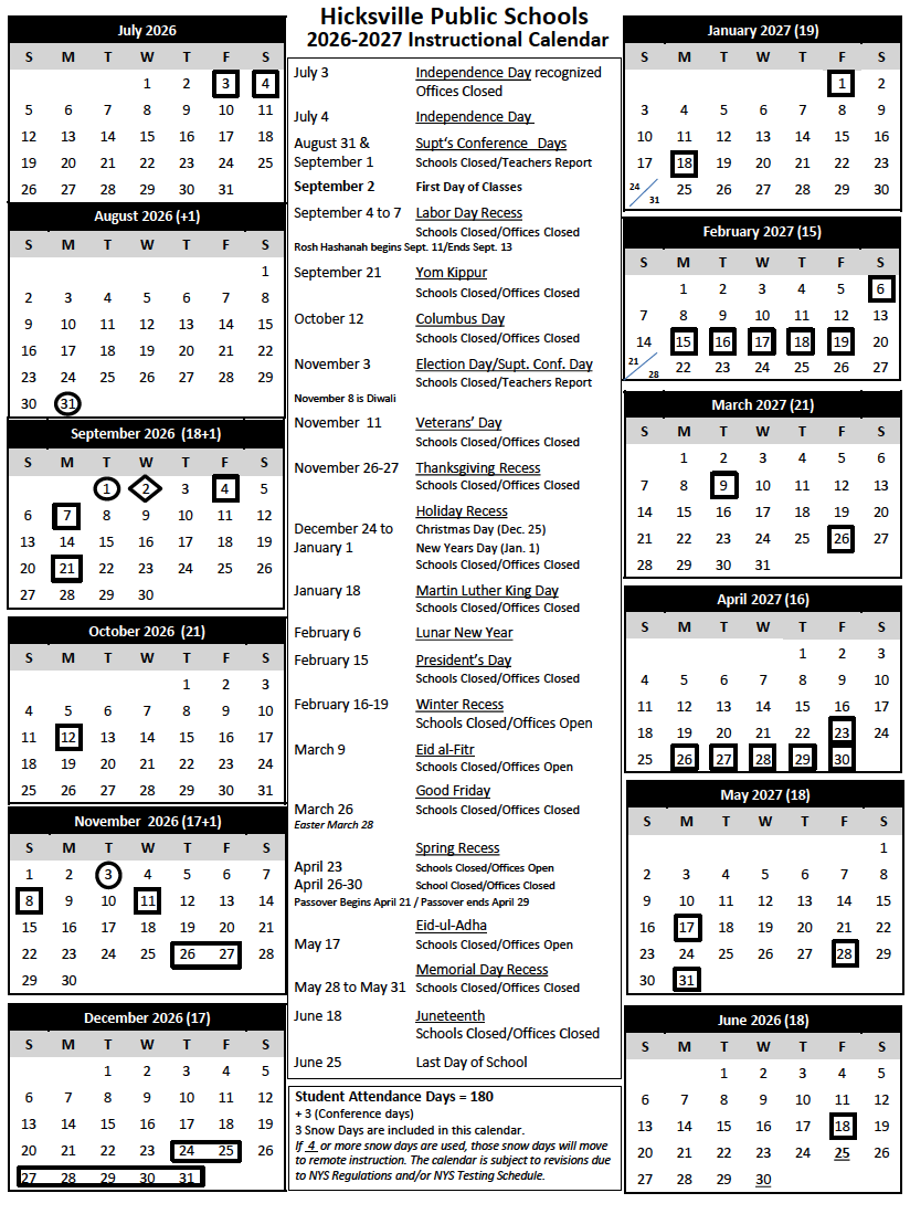 Instructional Calendar BOE Approved Hicksville Public Schools