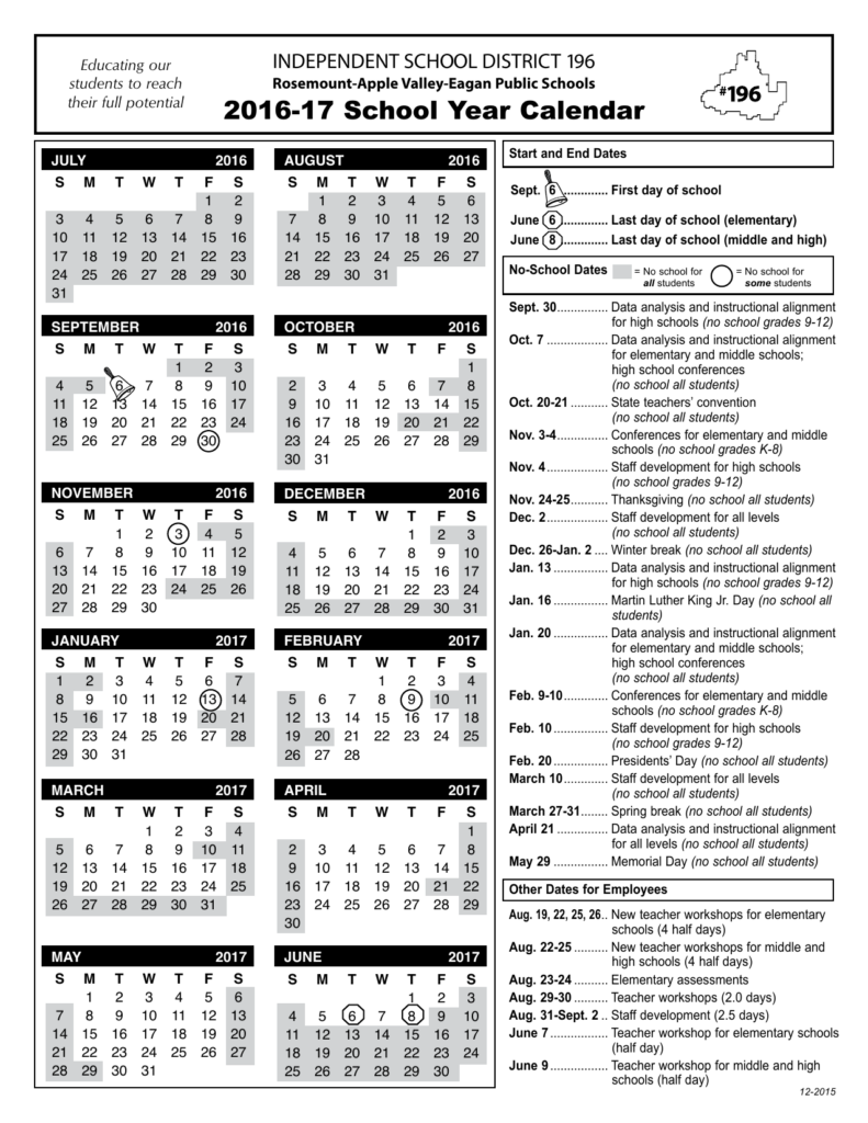 ISD 196 2016 17 School Calendar Rosemount Apple Valley Eagan