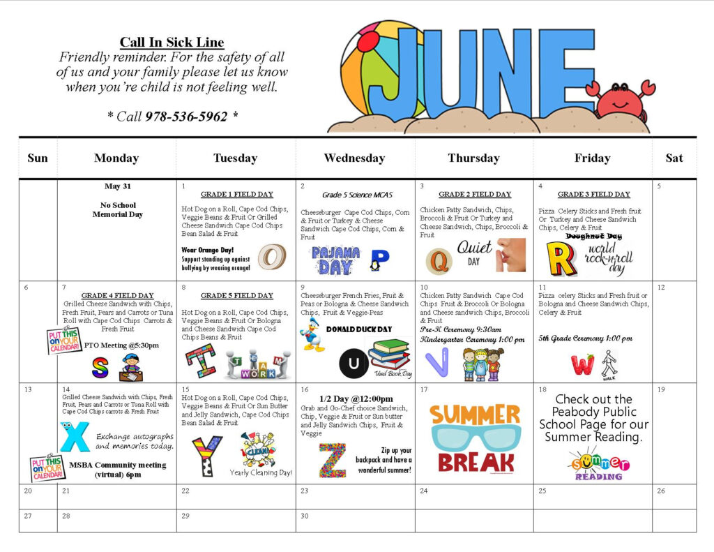 June Calendar Peabody Public Schools June Calendar Peabody Public Schools