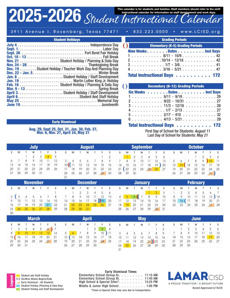 Lamar LCISD School Calendar 25 26 PDF EduCounty Lamar LCISD School Calendar 25 26 PDF EduCounty
