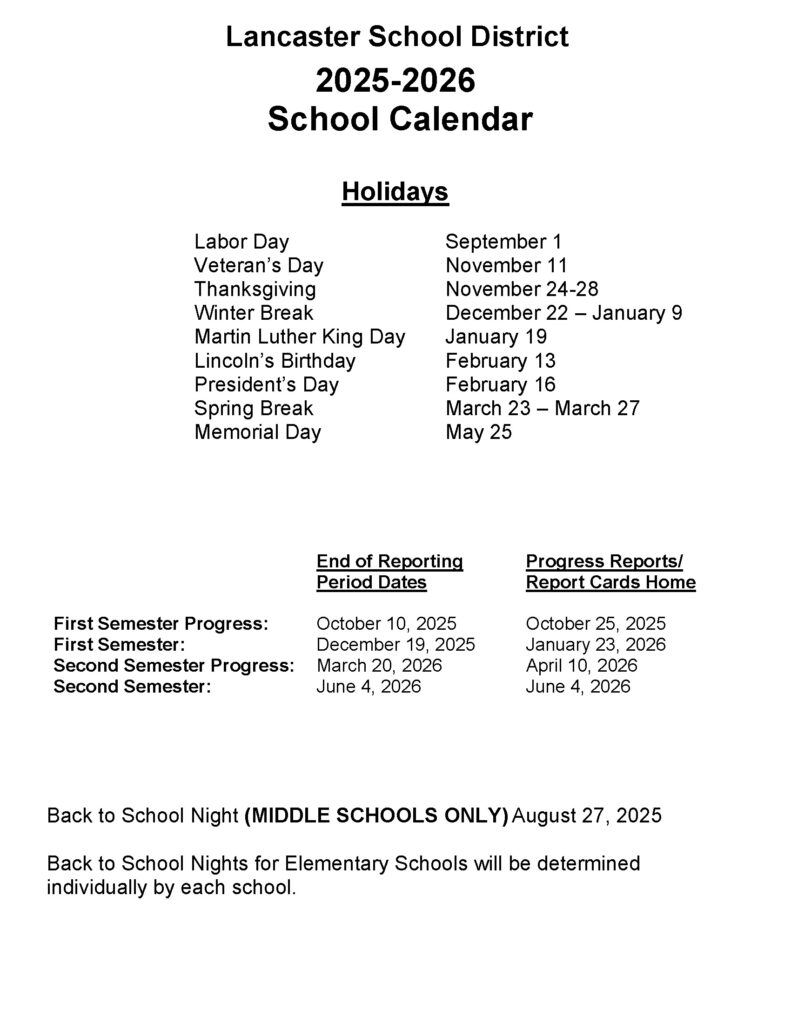 Lancaster School District Class Hours Calendars