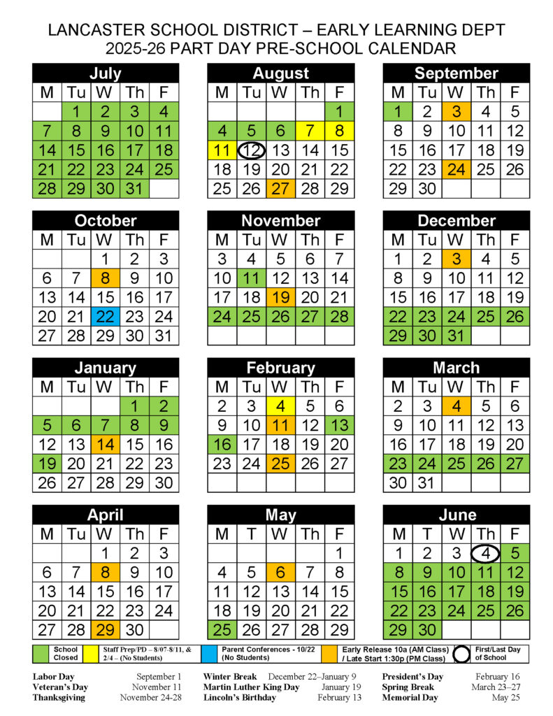 Lancaster School District Class Hours Calendars