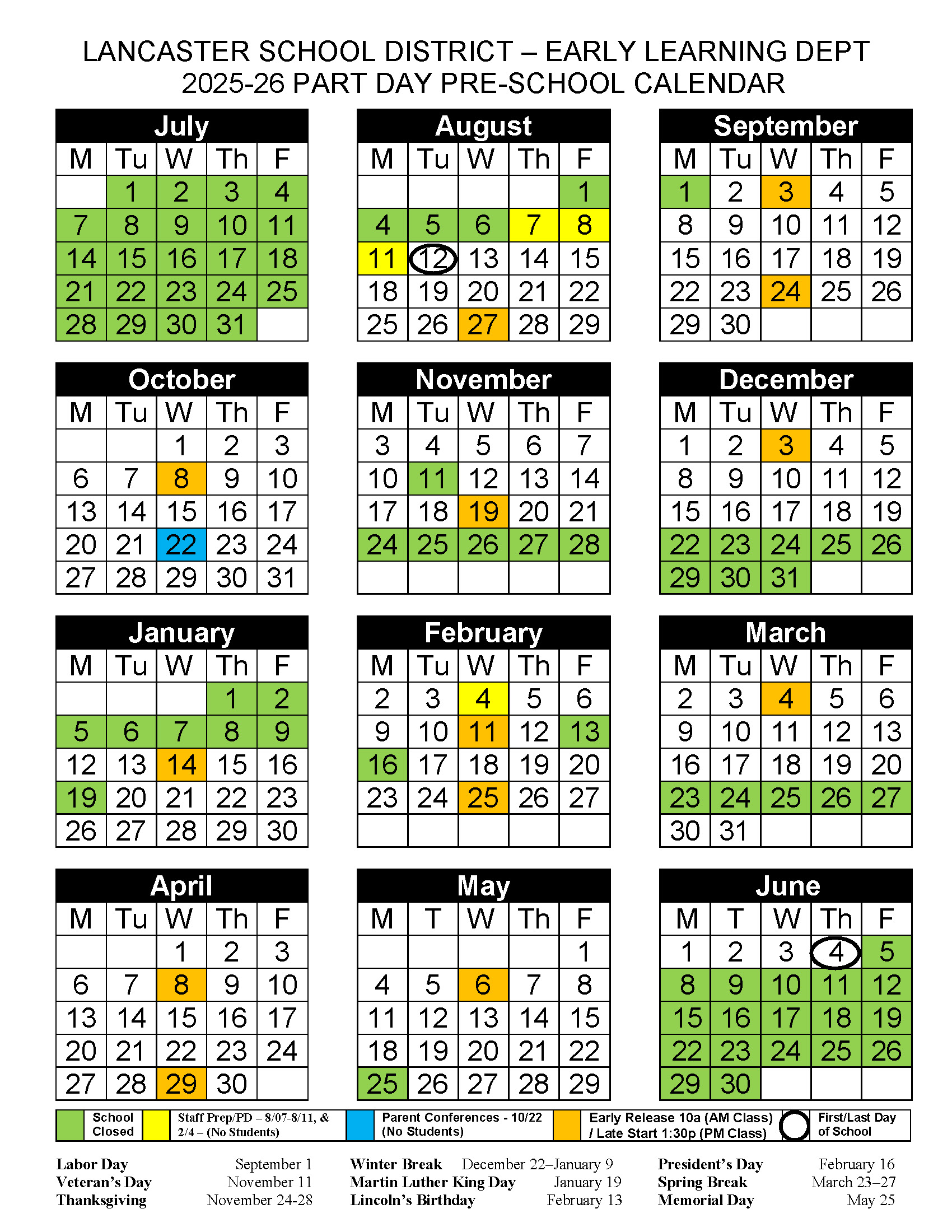 Lancaster School District Class Hours Calendars