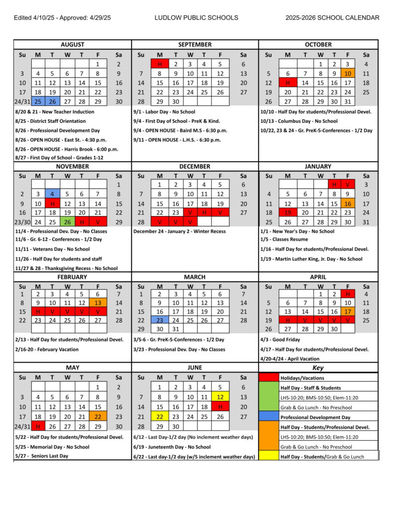 Ludlow Public Schools Calendar 25 26 Revised PDF EduCounty