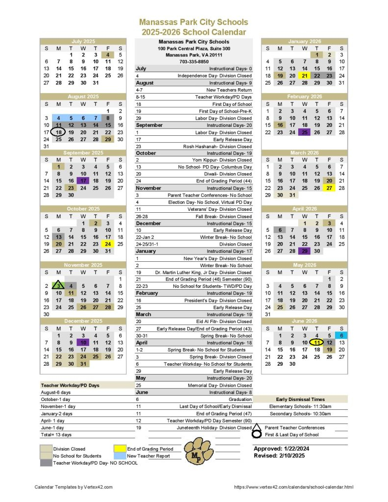 Manassas Park City Schools Calendar 2025 2026 Holidays Manassas Park City Schools Calendar 2025 2026 Holidays