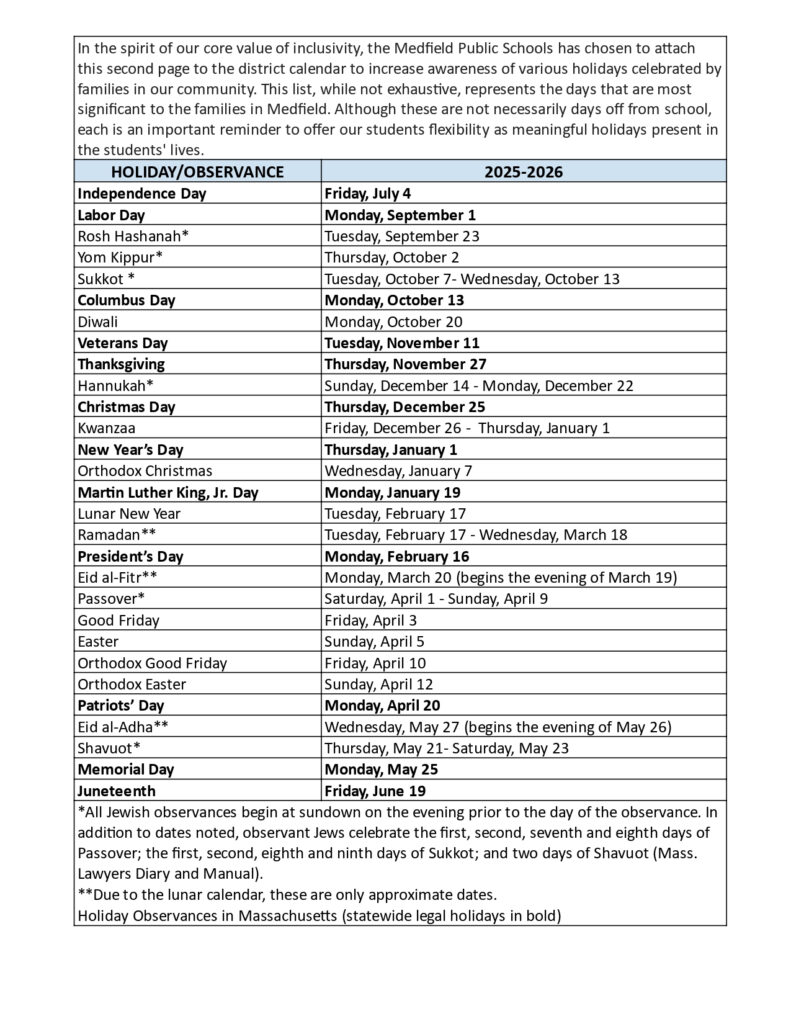 Medfield Public Schools Calendar 25 26 Revised PDF EduCounty