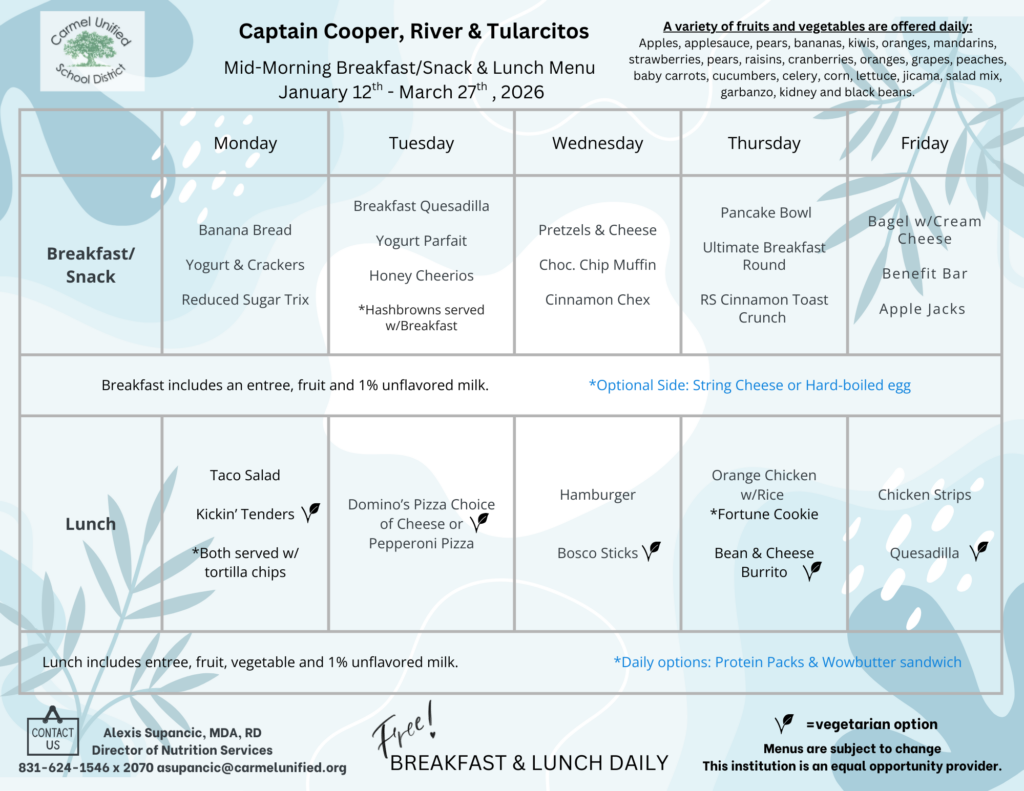 Menus Nutritional Information Carmel Unified School District