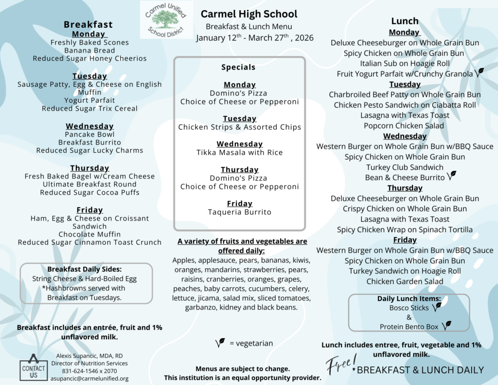 Menus Nutritional Information Carmel Unified School District