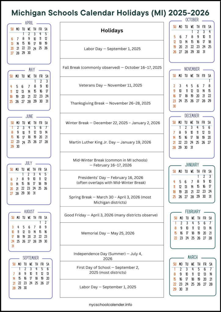 Michigan Schools Calendar MI 2025 2026 Schedule 
