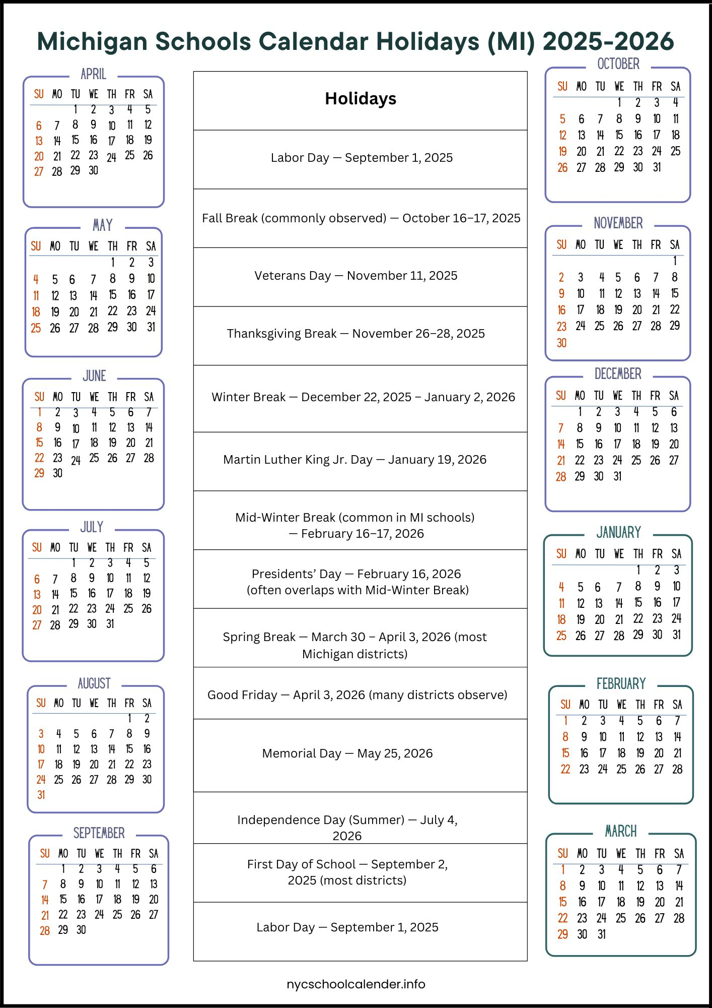 Michigan Schools Calendar MI 2025 2026 Schedule