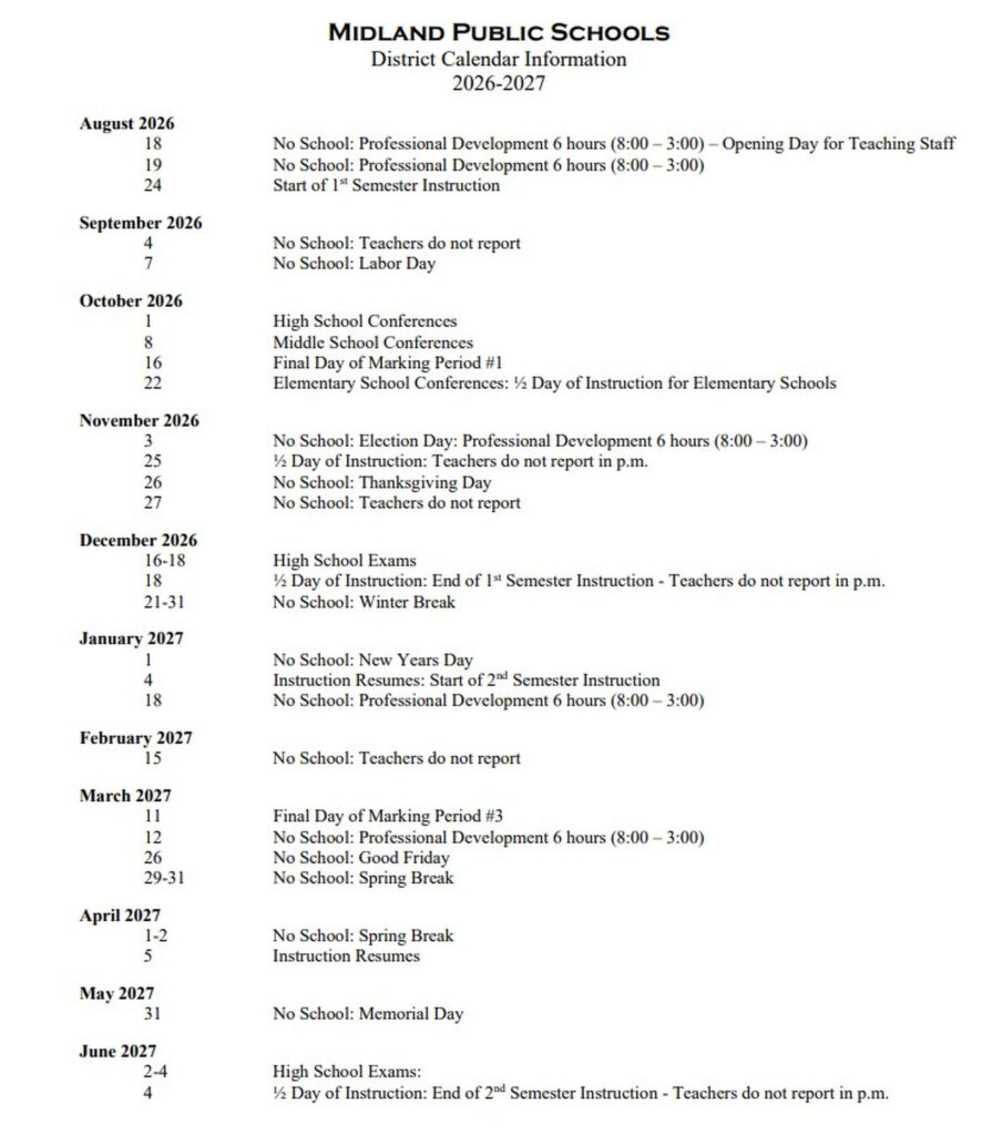 Midland School Board OKs 2026 27 Calendar Aug 24 Start
