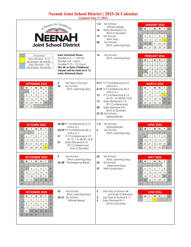 Neenah Joint School District Calendar 25 26 Revised PDF EduCounty
