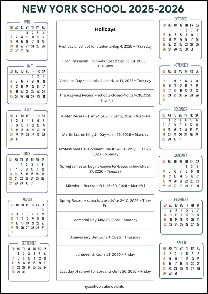 NYC School Calendar New York 2025 26 Holidays