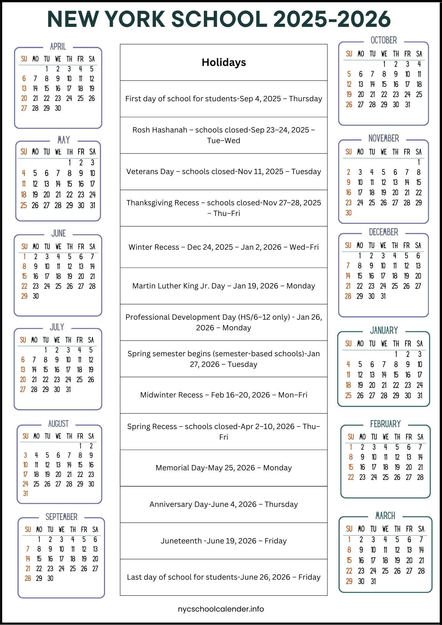 NYC School Calendar New York 2025 26 Holidays