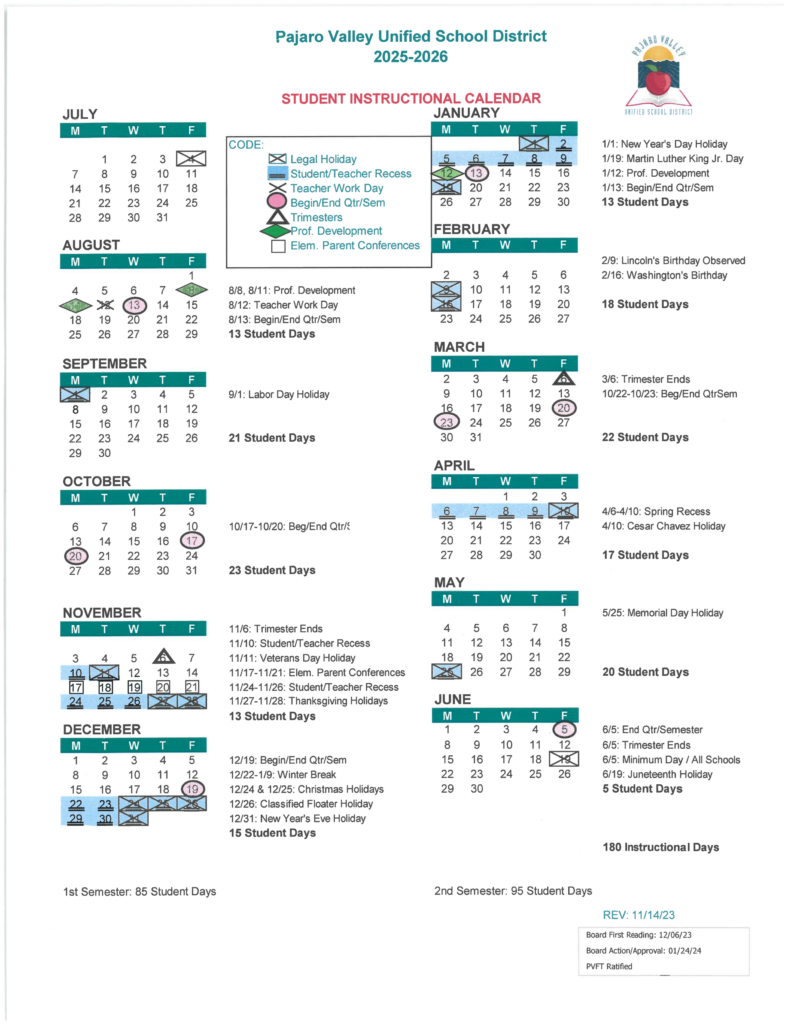 Pajaro Valley USD Calendars