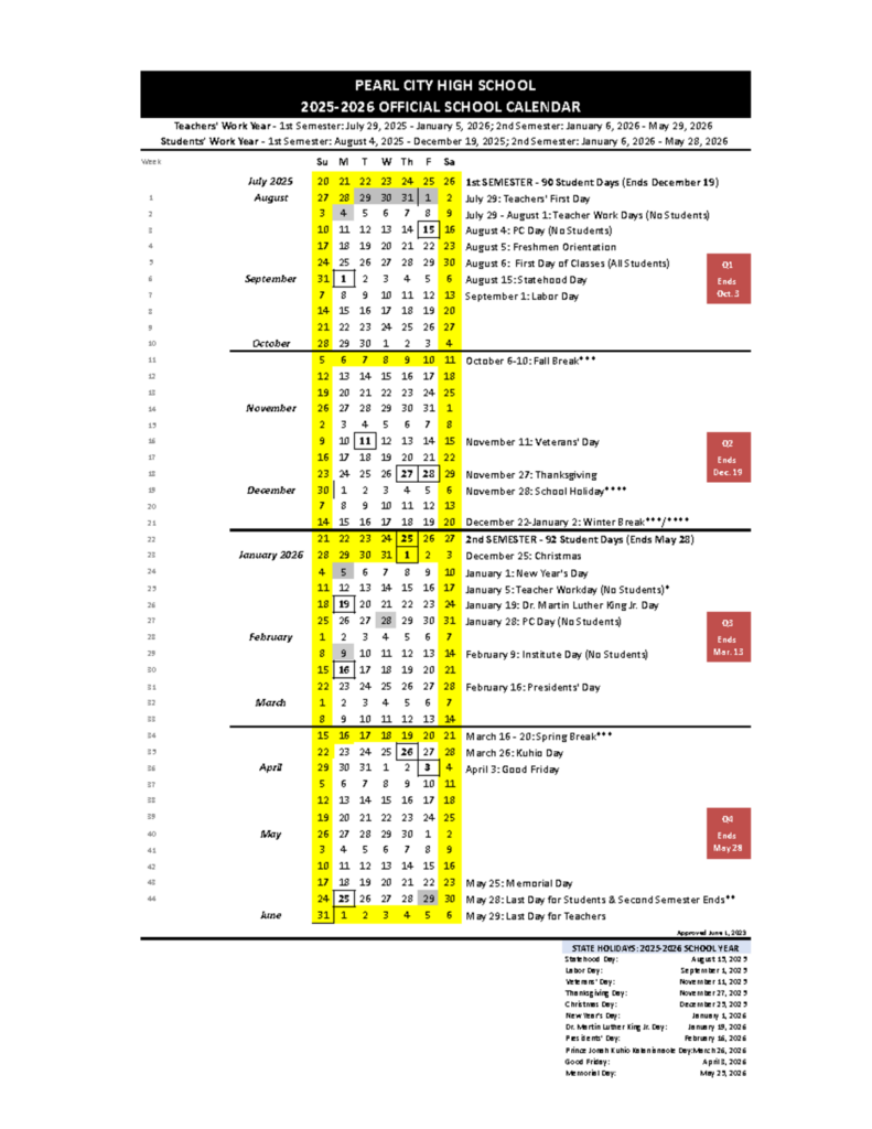 PCHS 2025 26 Official School Calendar Work Year Holidays Studocu