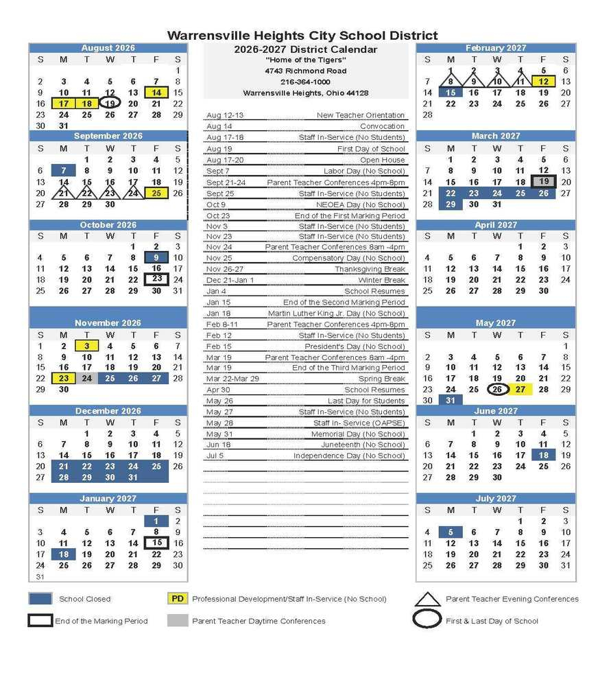 Proposed District Calendar For The 2026 27 School Year Warrensville Heights City School District
