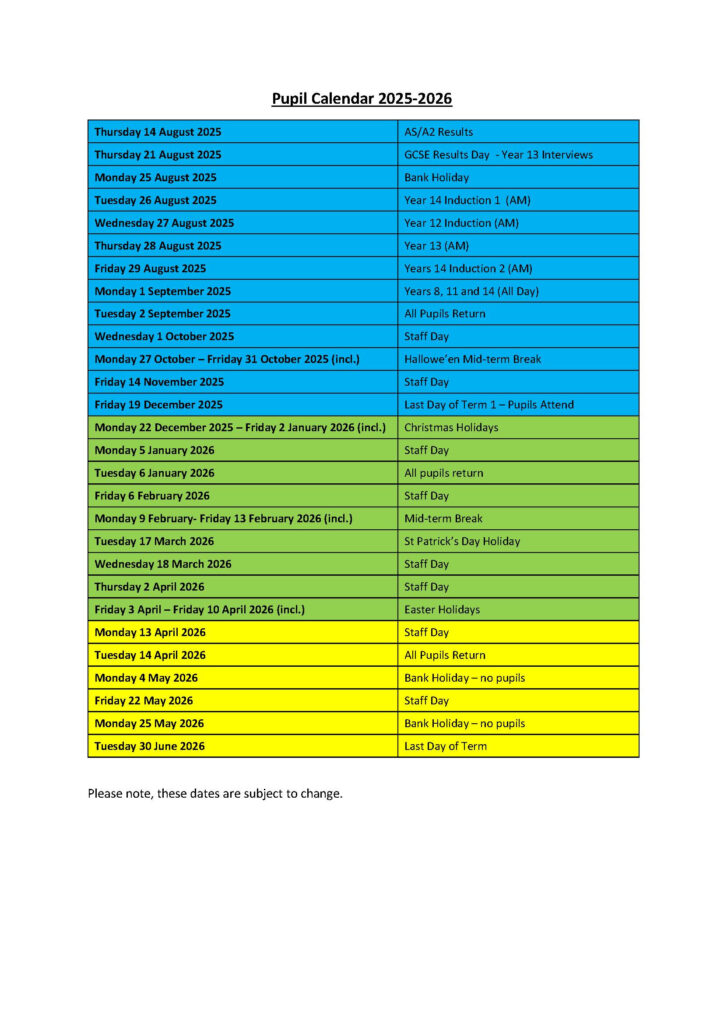 Pupil Calendar 2025 2026 Assumption Grammar School