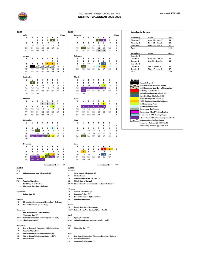 PVUSD Palo Verde USD School Calendar 25 26 Revised PDF EduCounty