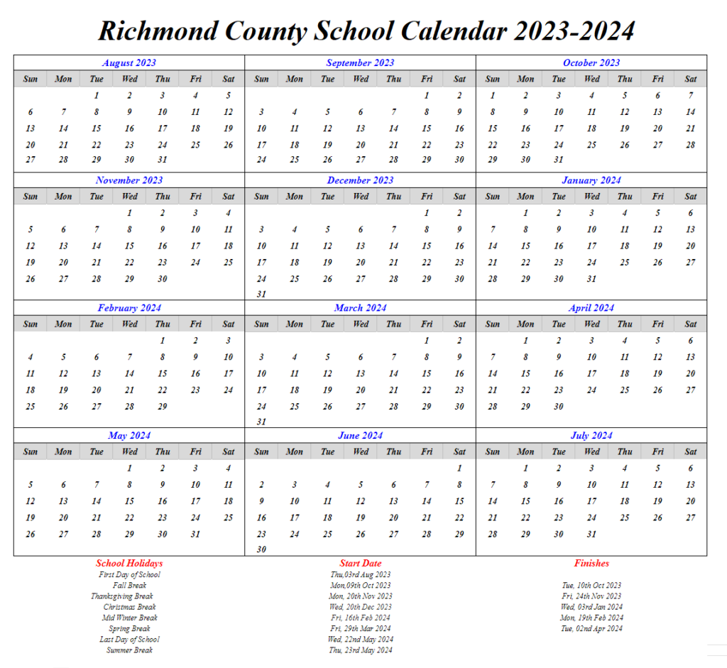 Richmond County Calendar