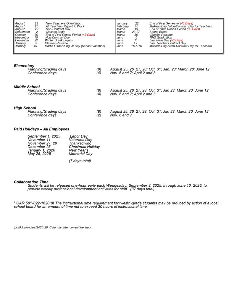 Roseburg Public Schools 25 26 Calendar Revised PDF EduCounty