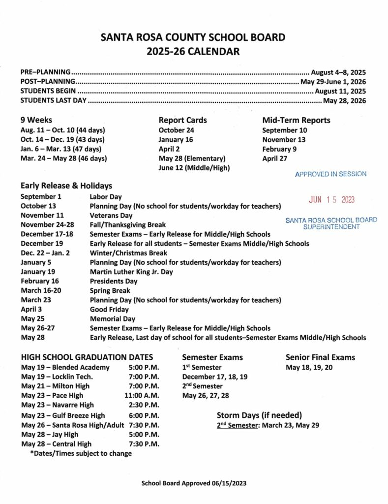 Santa Rosa County Calendar Productivity Calendar Template