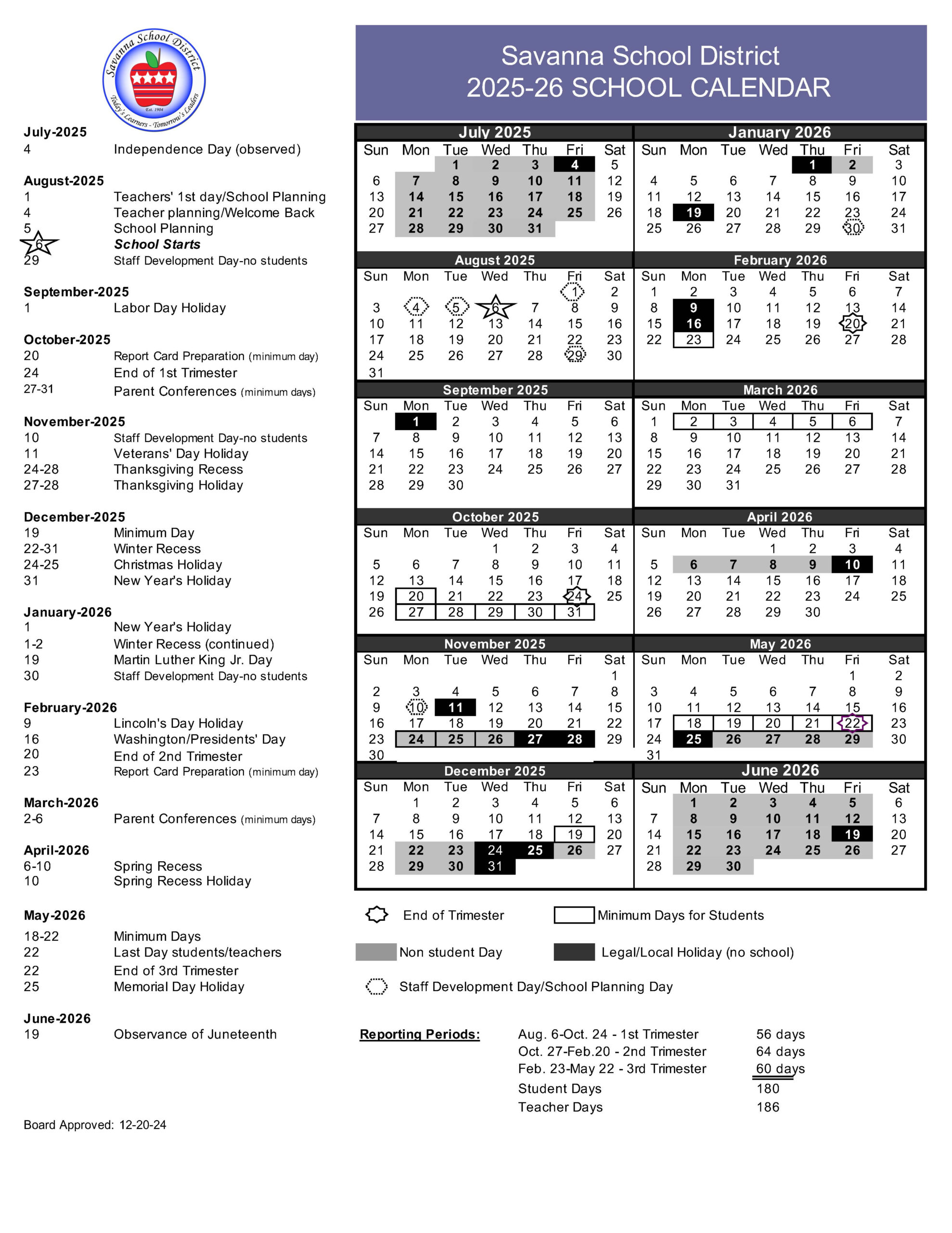 Savanna School District Academic Calendar