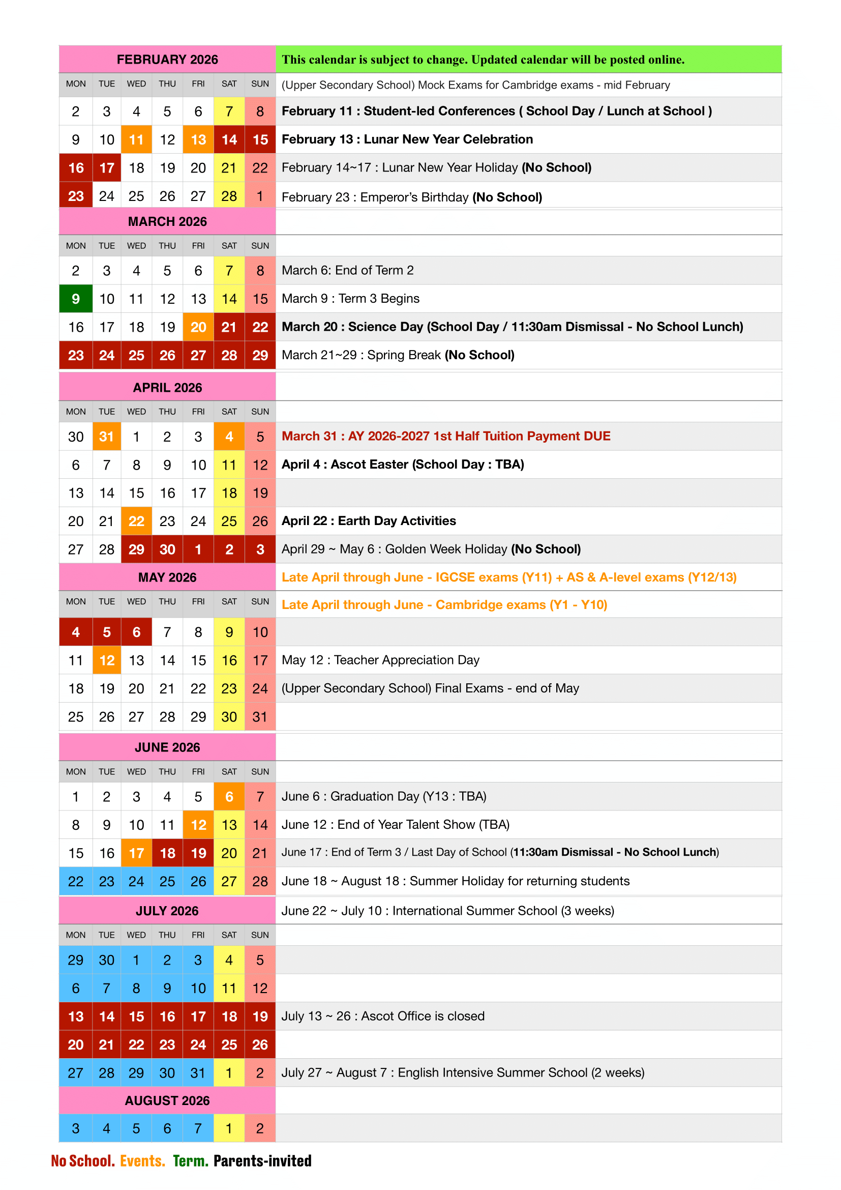 School Calendar Ascot International School Japan