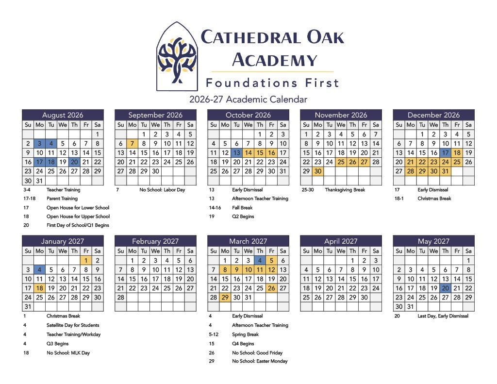 School Calendar Cathedral Oak Academy