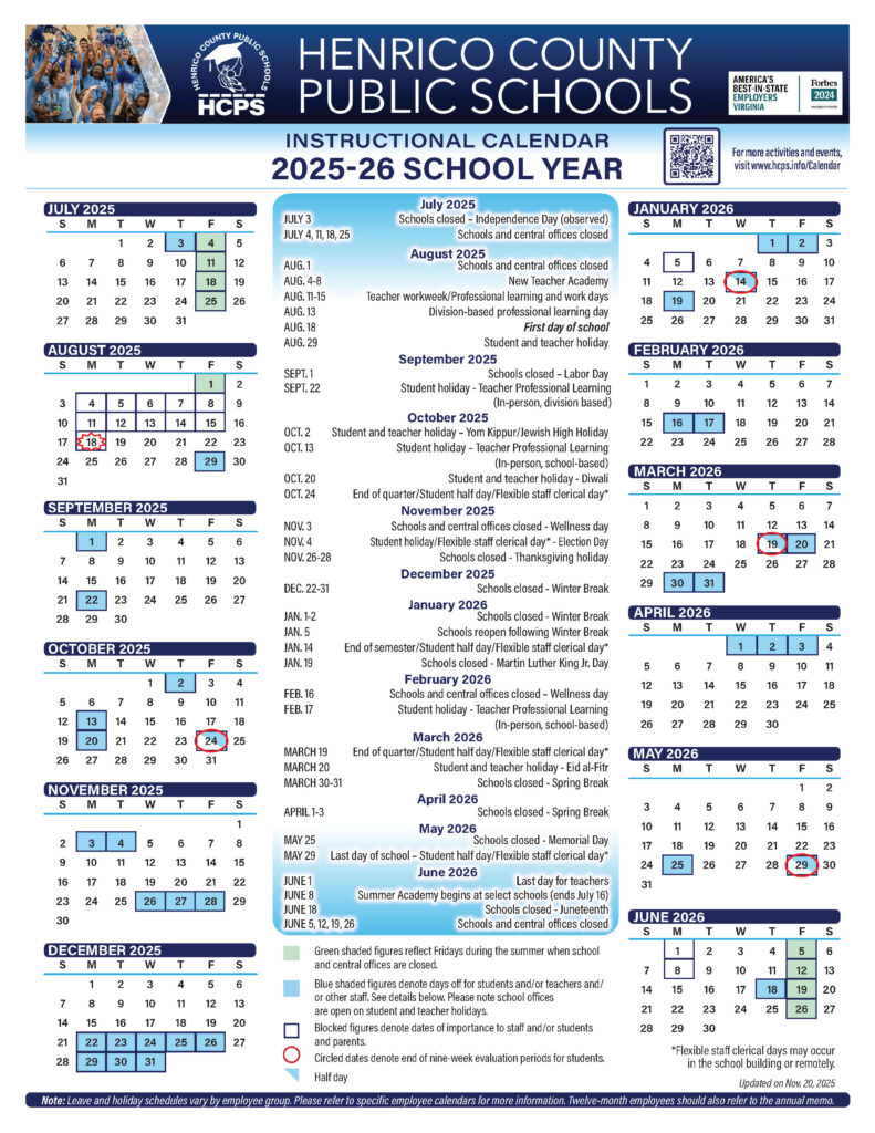 School Calendar Henrico County Public Schools